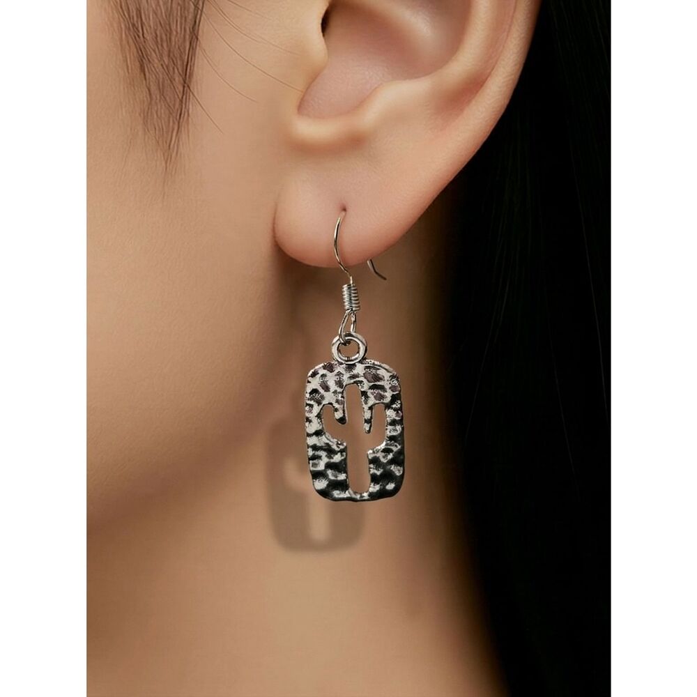 Silver Cactus Earrings Hammered Cutout Dangle Western Desert Boho Minimalist
